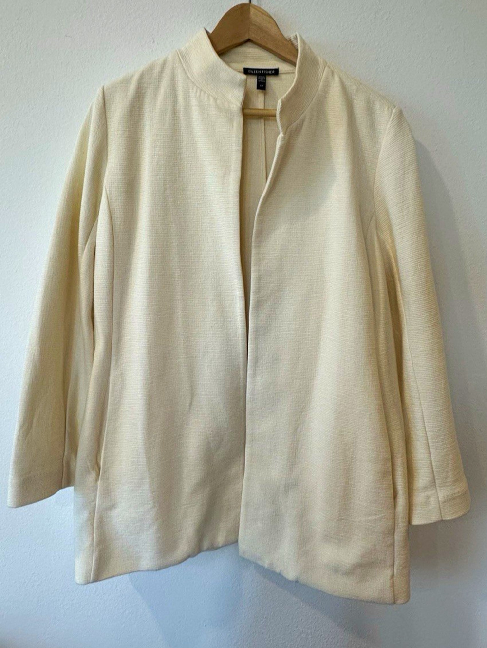 Eileen Fisher Women’s Bone Ivory Cotton Minimalists Mandarin Collar Coat Blazer